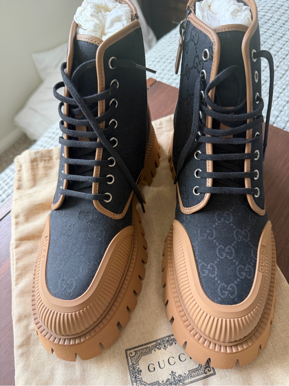 Gucci Black Canvas with Tan Trim Lug-Sole Men's Boots